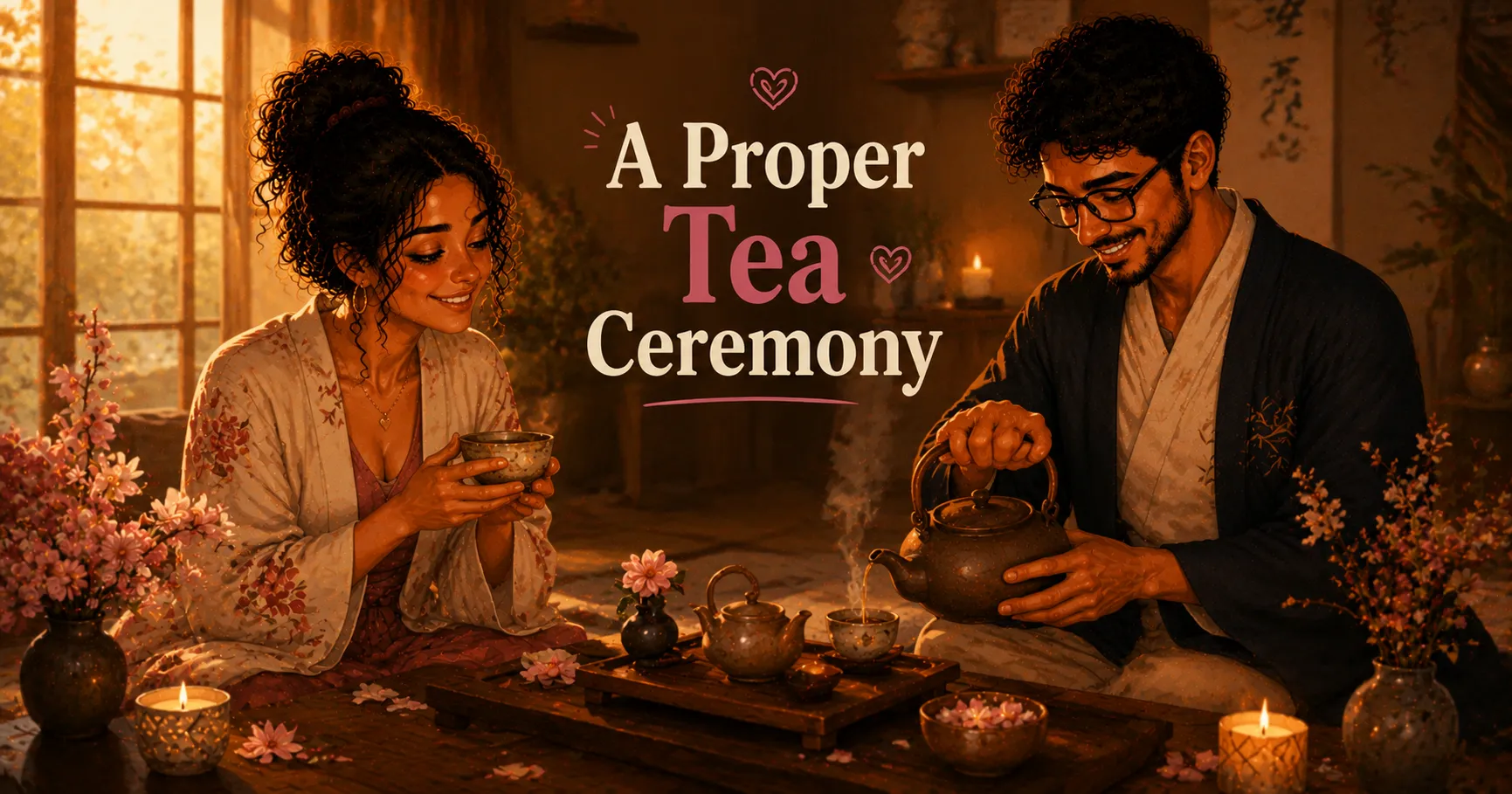 peaceful tea ceremony setup with delicate cups and a teapot on a wooden tray