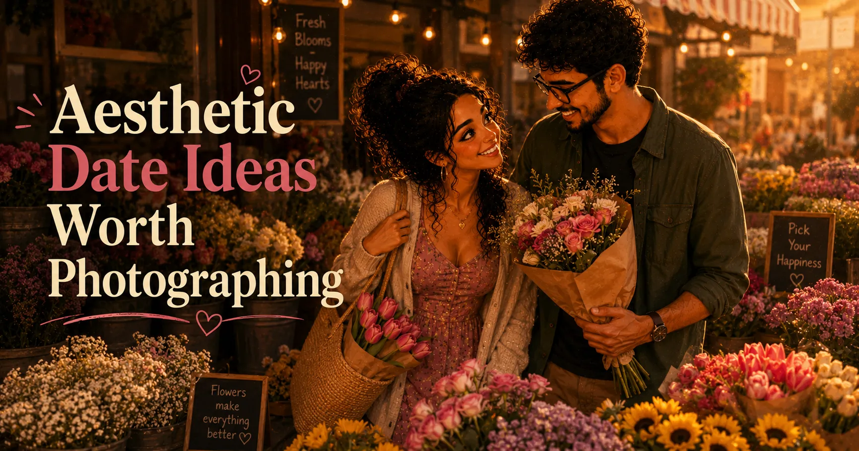 couple at a flower market surrounded by buckets of colourful blooms, one holding a large bunch of peonies