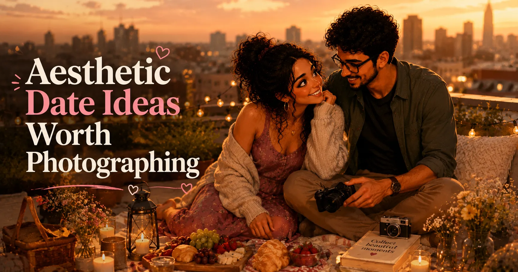 couple having a golden-hour picnic on a rooftop with a city view and soft warm light
