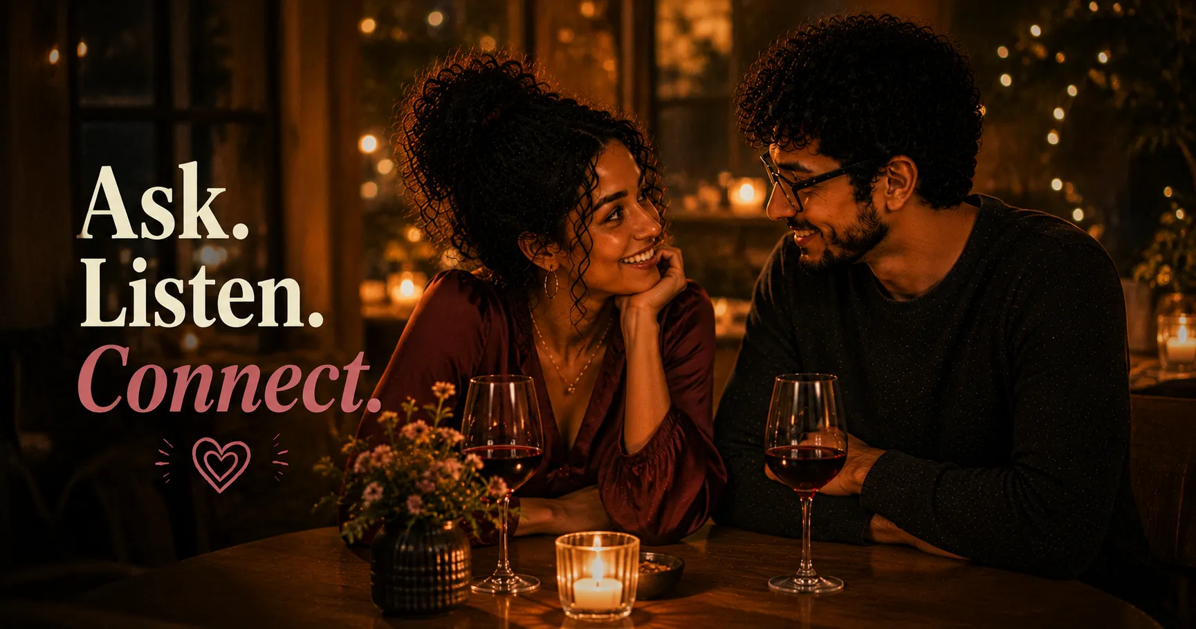 two people in deep conversation over candlelit dinner leaning toward each other