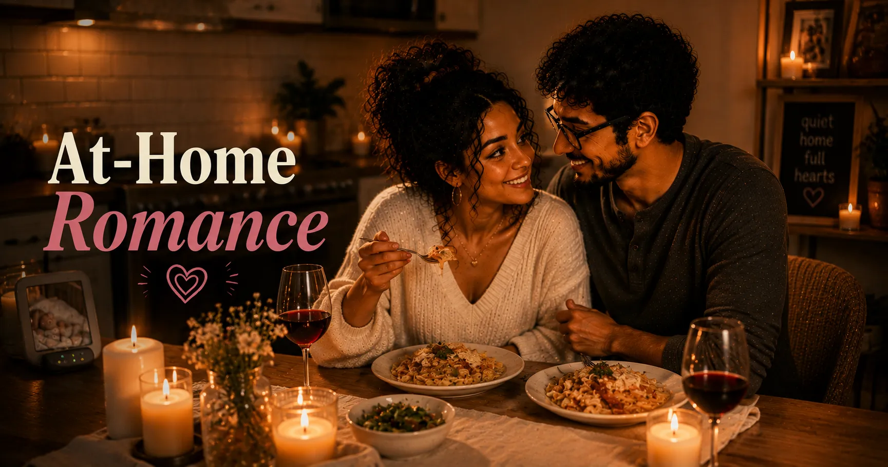 two people sharing a candlelit meal together at a kitchen table after a quiet evening at home