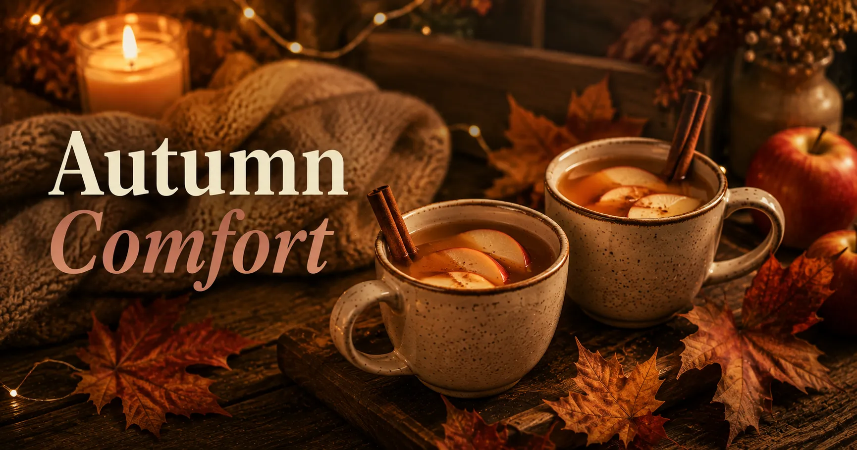 two mugs of hot cider on a wooden table beside a candle and autumn leaves