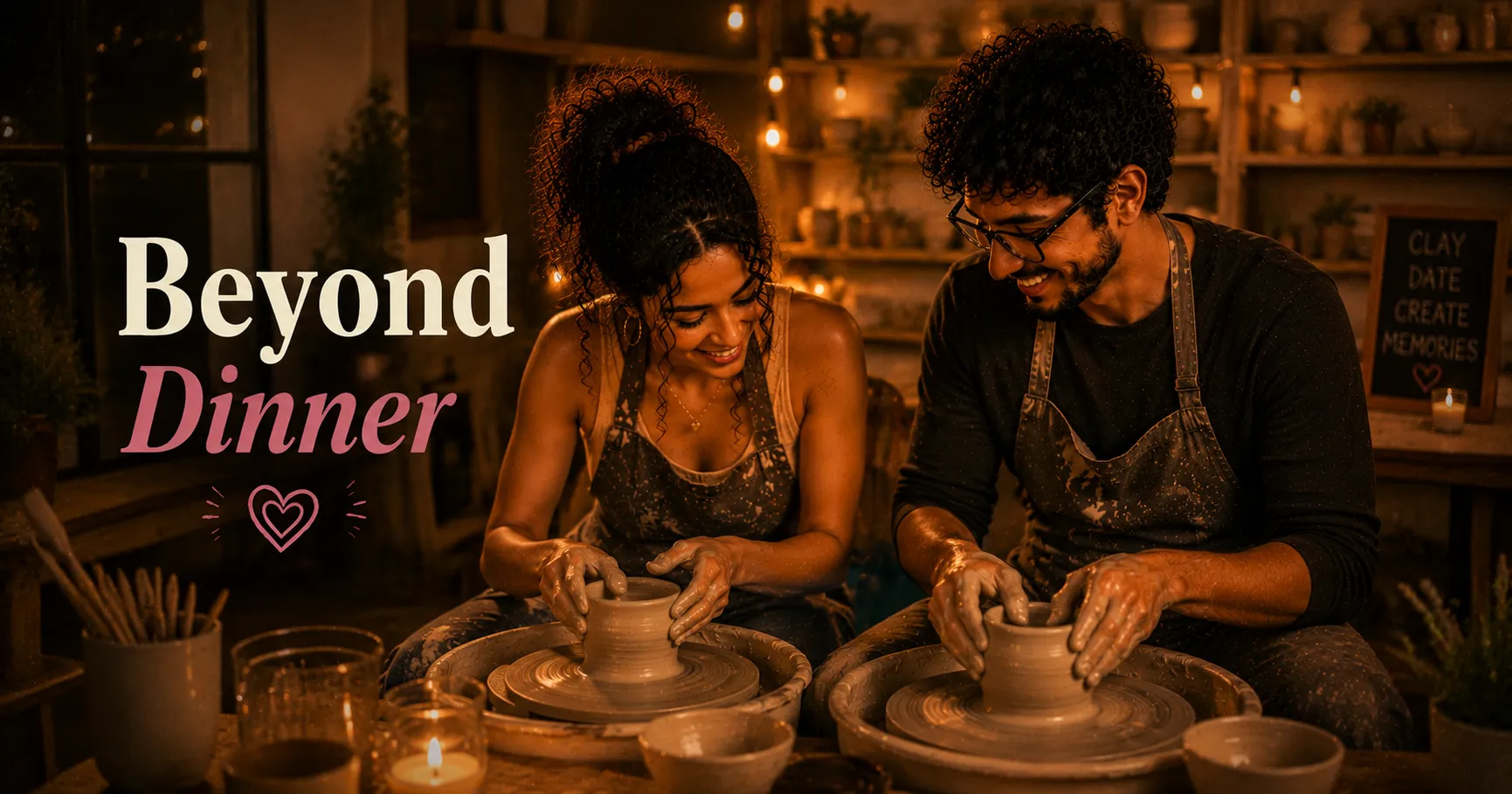 couple at a pottery class both focused on shaping clay at their wheels