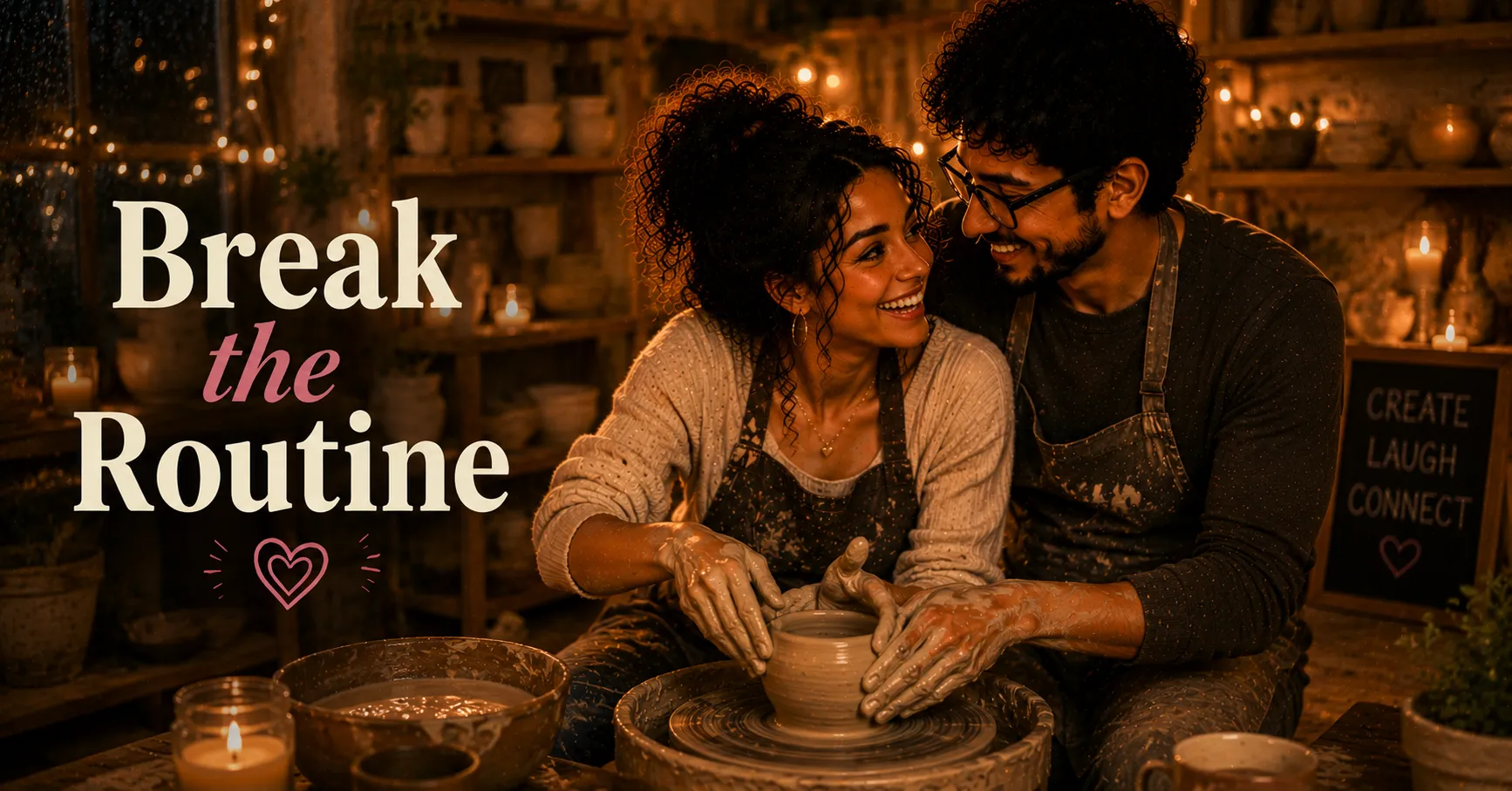 couple laughing together at a pottery wheel with clay on their hands