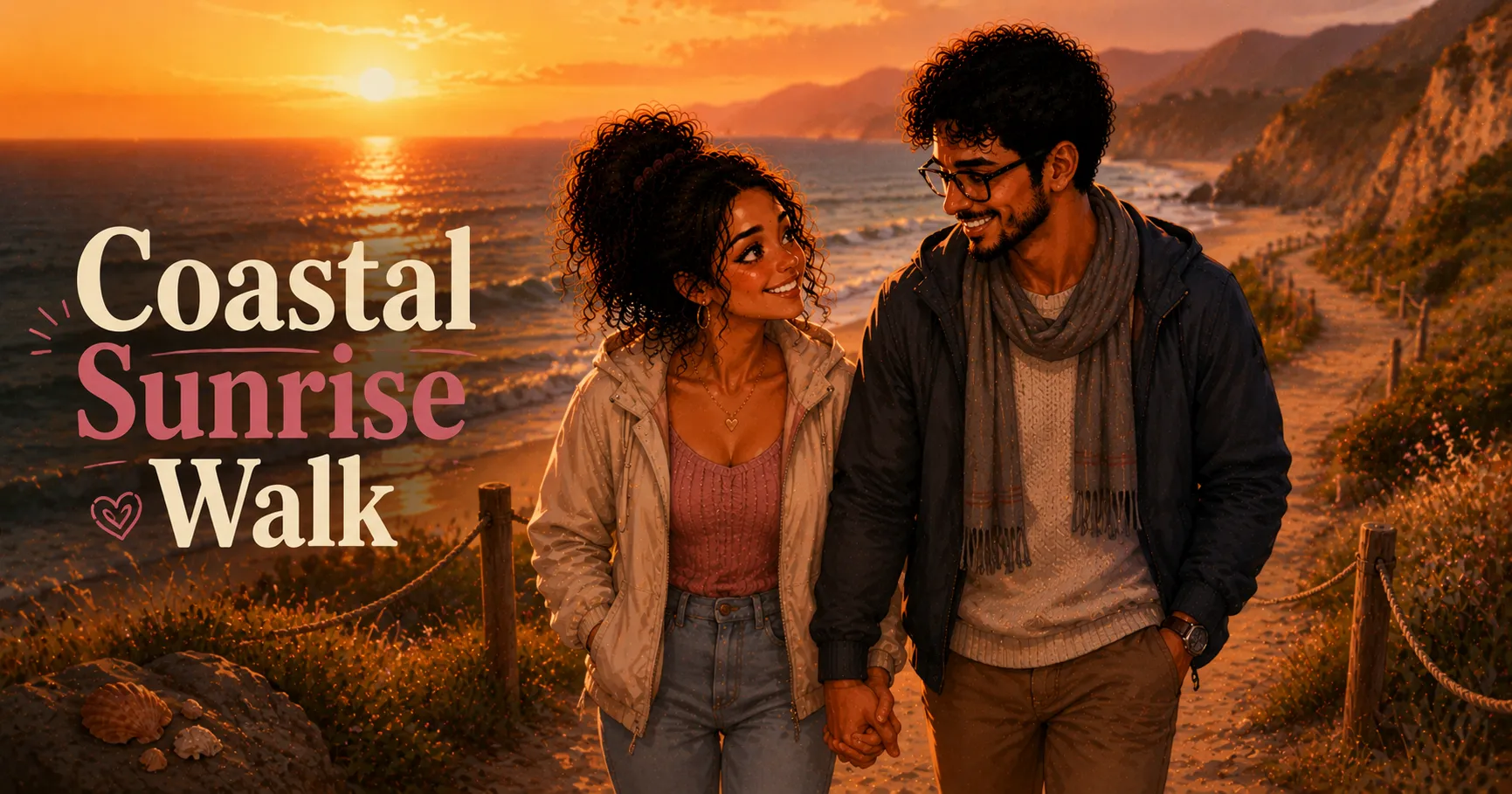 couple walking along a coastal path at sunrise with golden light on the water