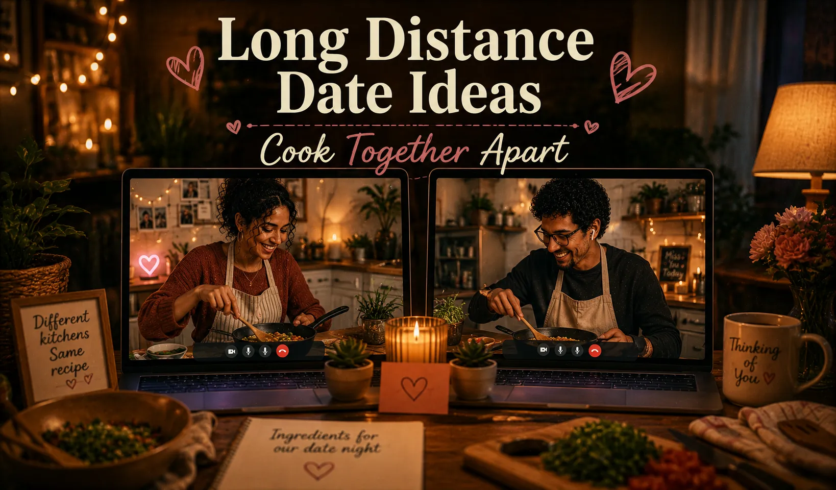 two video call screens showing two people cooking the same meal in different kitchens