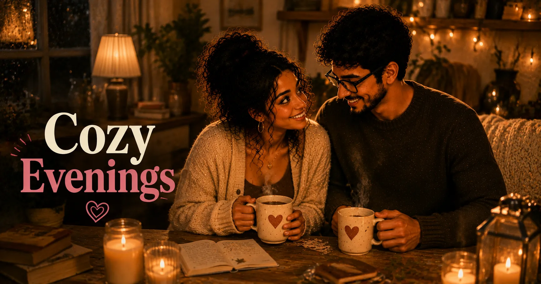 two steaming mugs of tea on a wooden table with soft lamplight and candles