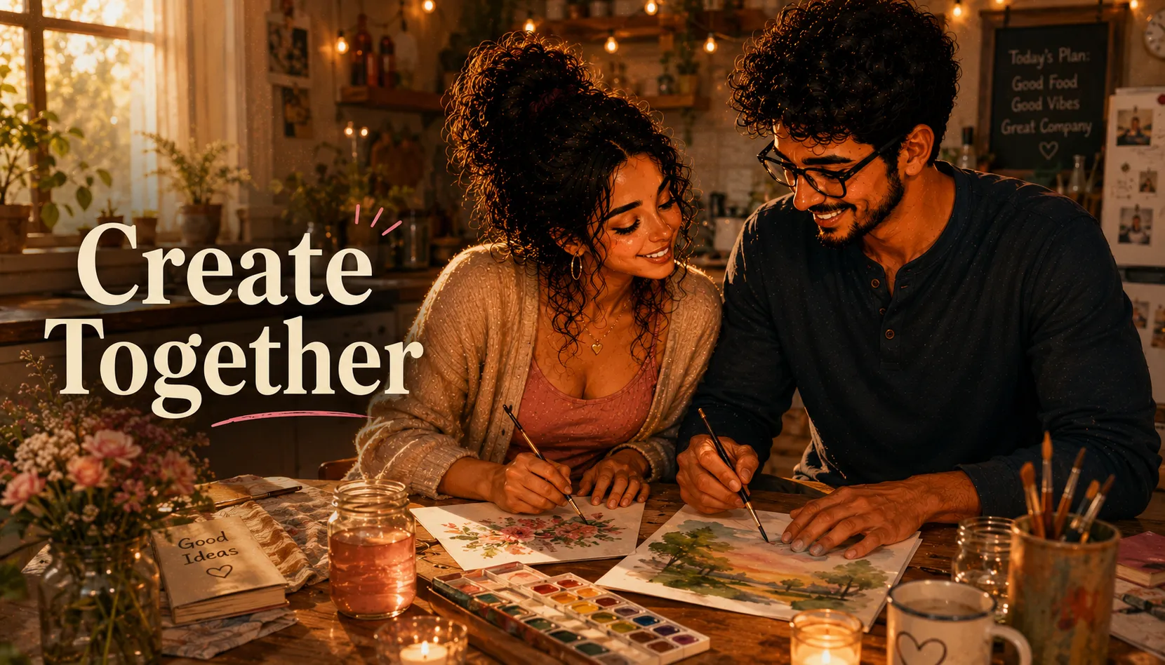 couple painting watercolours together at a kitchen table with supplies spread out and natural light coming in