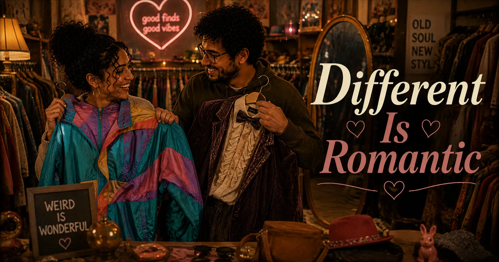 couple thrift shopping together laughing while holding up ridiculous vintage outfits