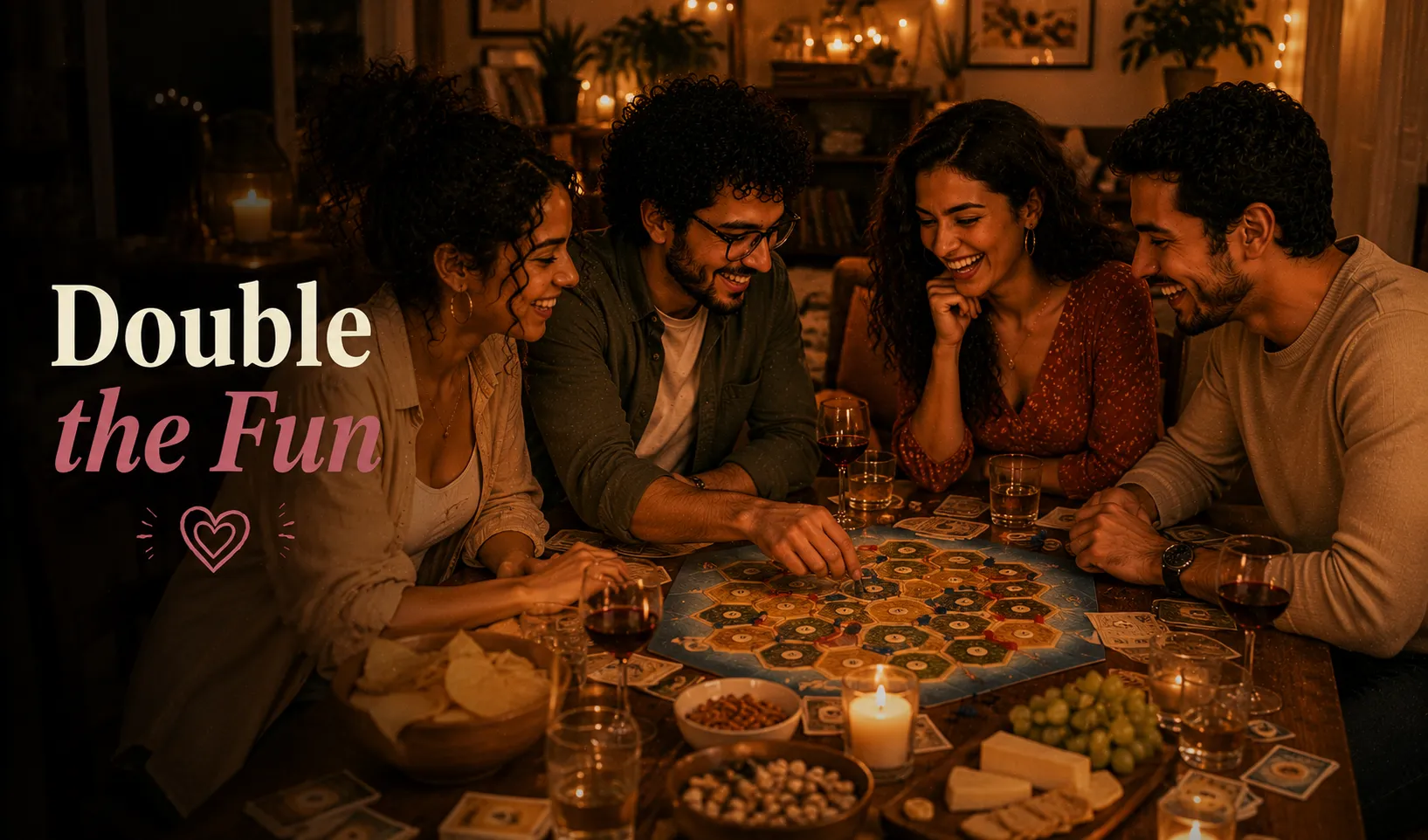four people around a table playing a board game with drinks and snacks nearby