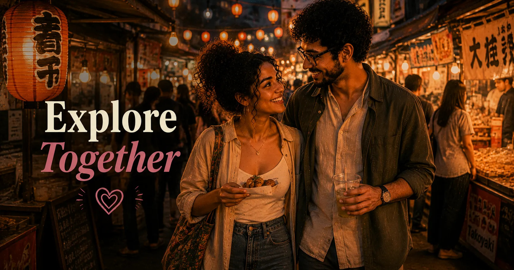 couple walking through a busy night market at dusk with food stalls and lanterns around them