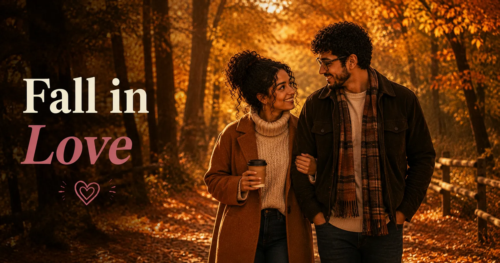 couple walking through a golden autumn forest with fallen leaves underfoot