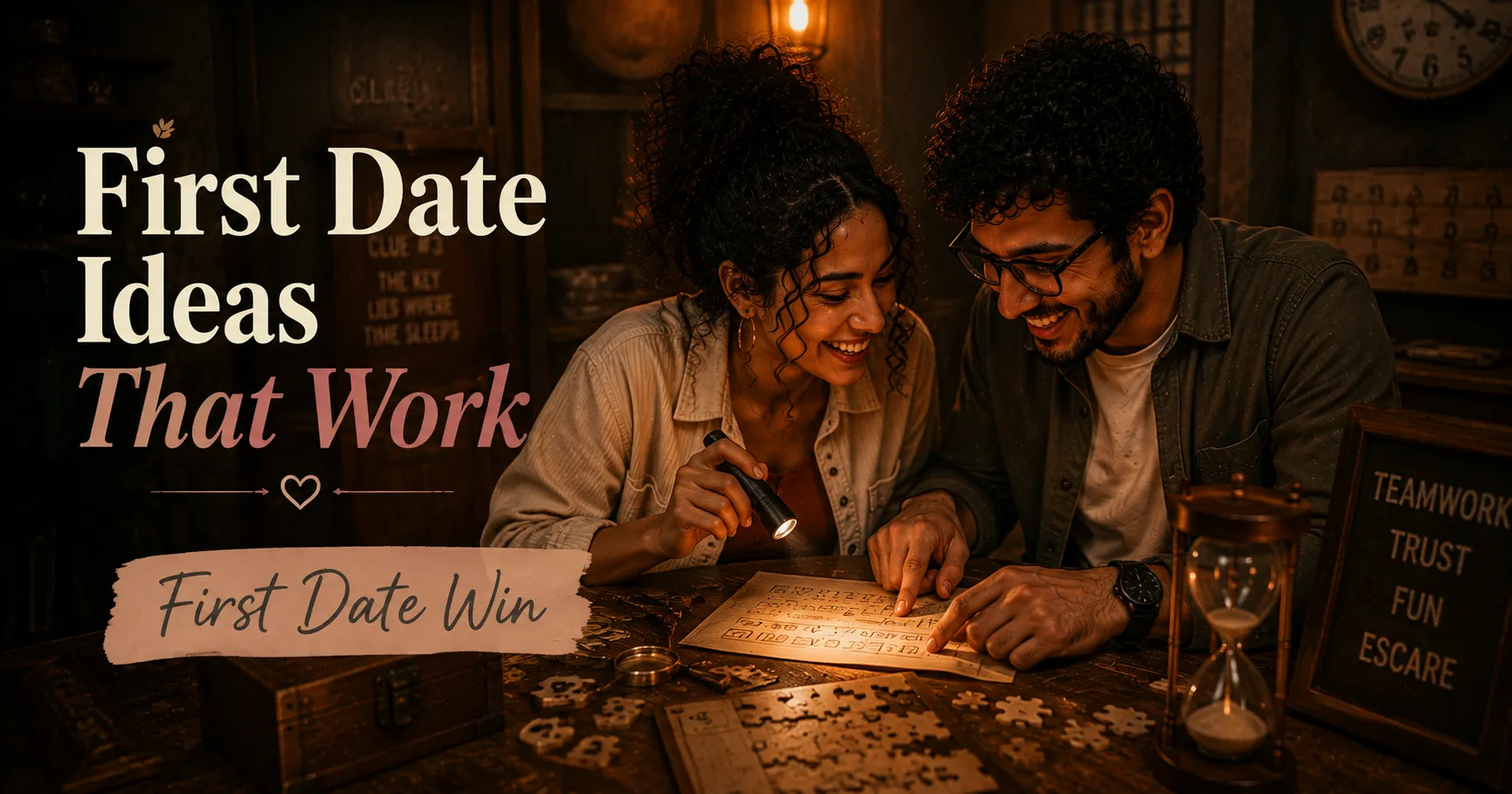 two people laughing together while solving clues in an escape room
