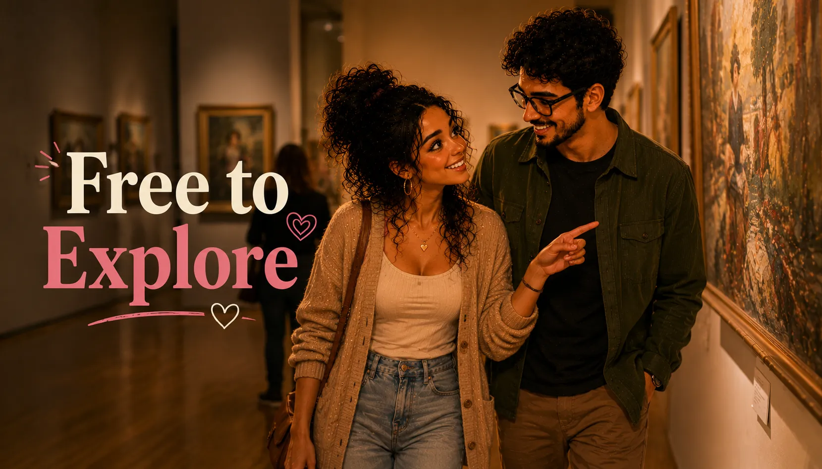 couple walking through a free art gallery discussing a painting together