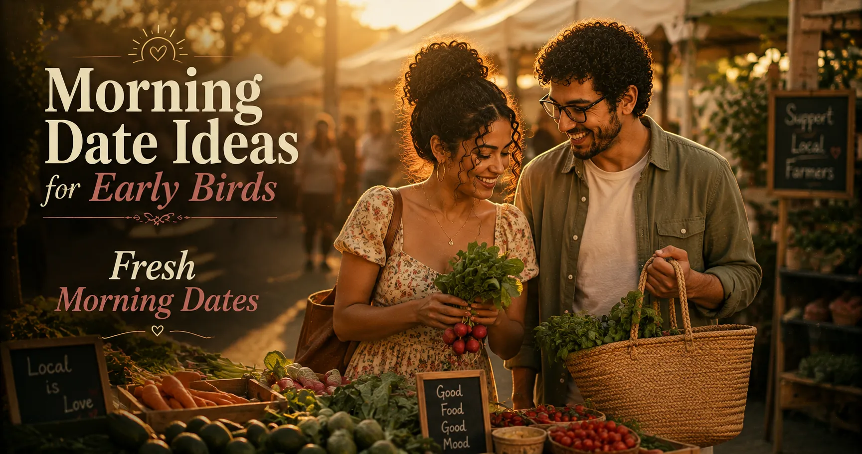 two people at a farmers market examining fresh produce together in the early morning light