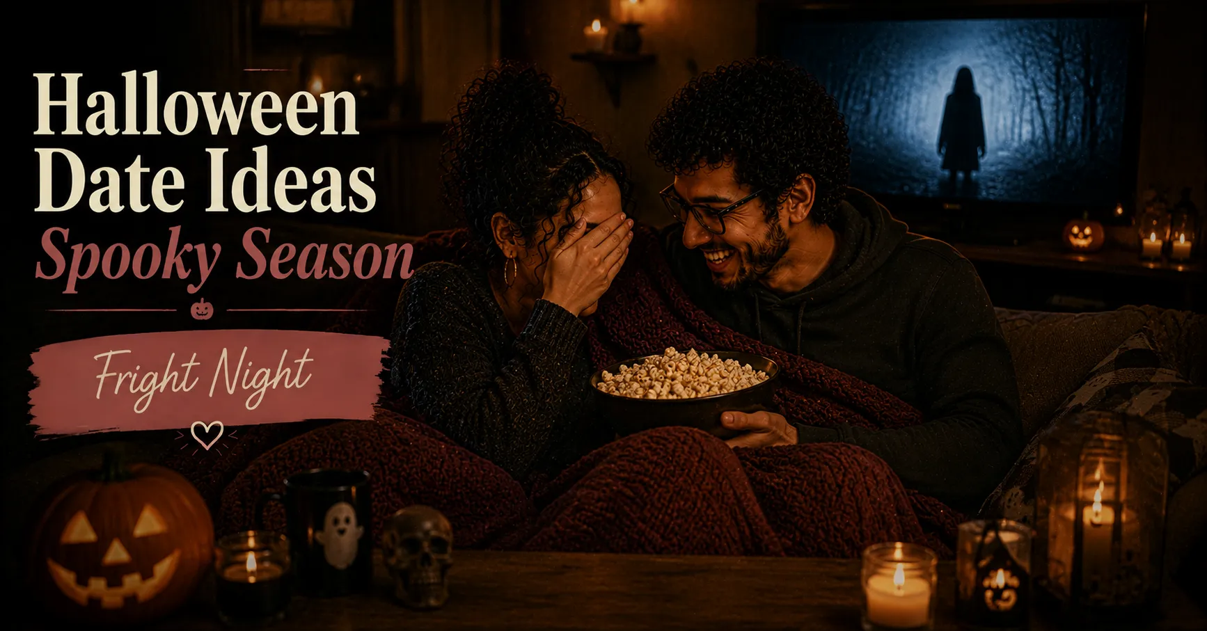 two people watching a horror movie under a blanket, one covering their eyes