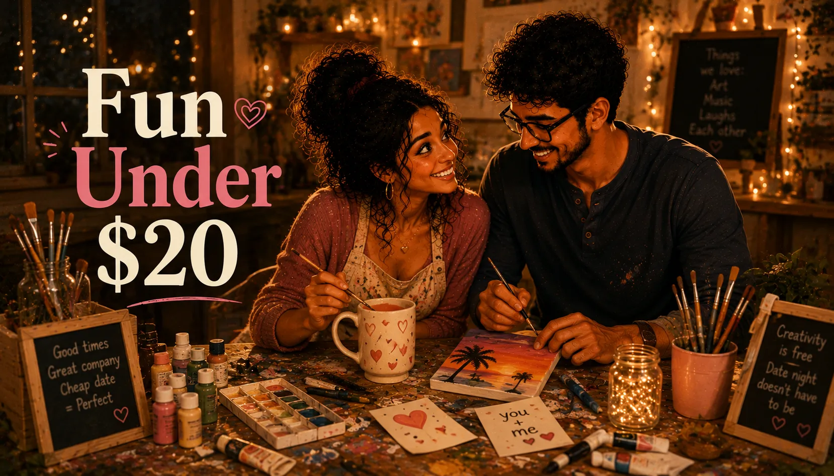 couple laughing at a craft table surrounded by paint brushes and art supplies