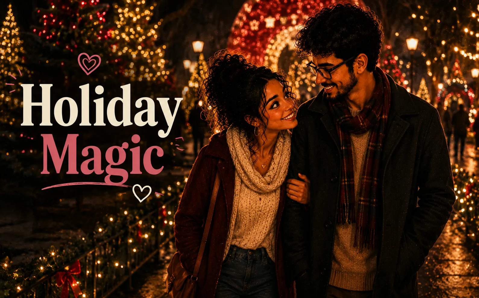 couple walking through a Christmas light display in a park at night holding hands