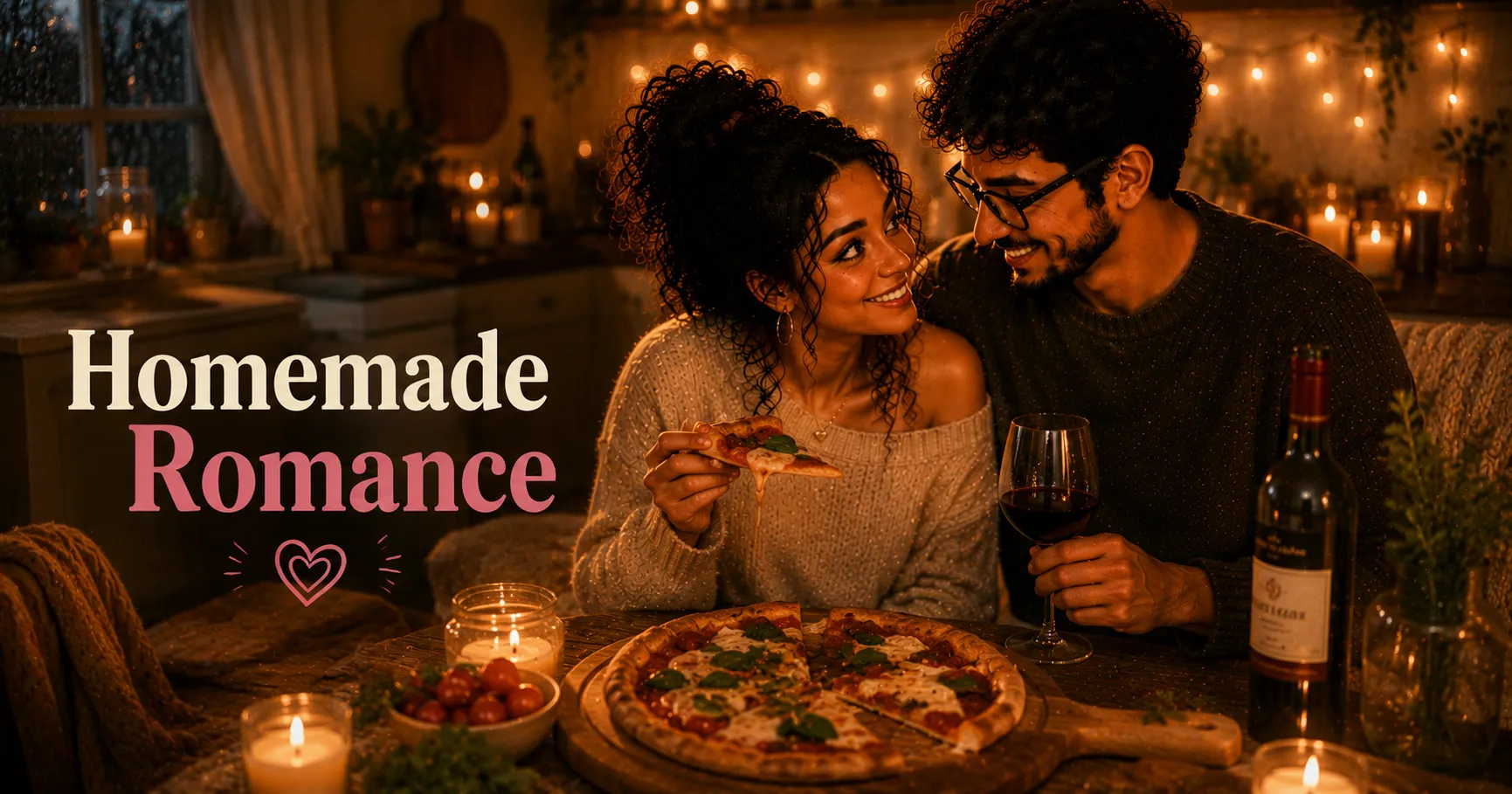 homemade pizza on a wooden board with candlelight and a bottle of wine on the table