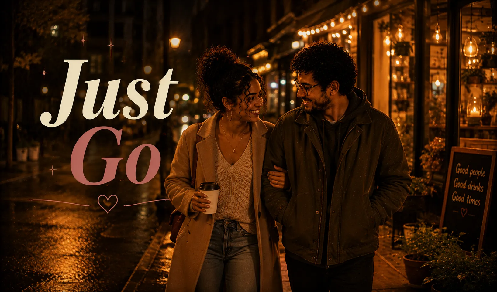 couple walking together on a quiet city street at night with warm shop lights