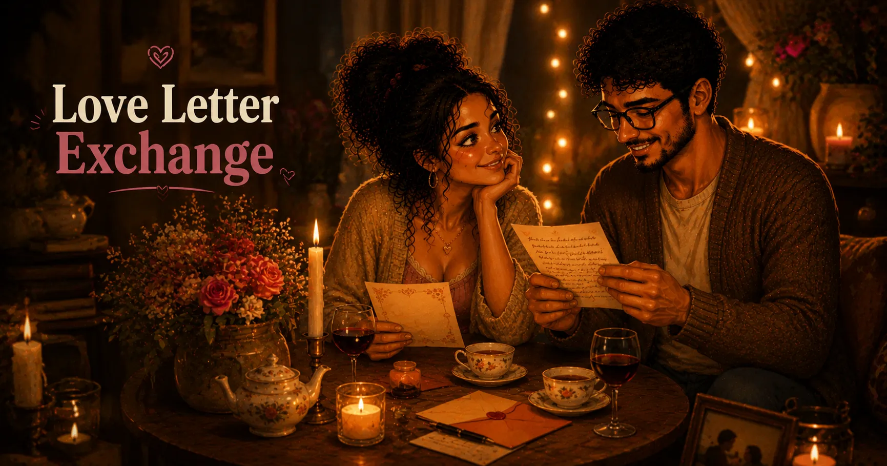 couple holding handwritten love letters and smiling at each other warmly