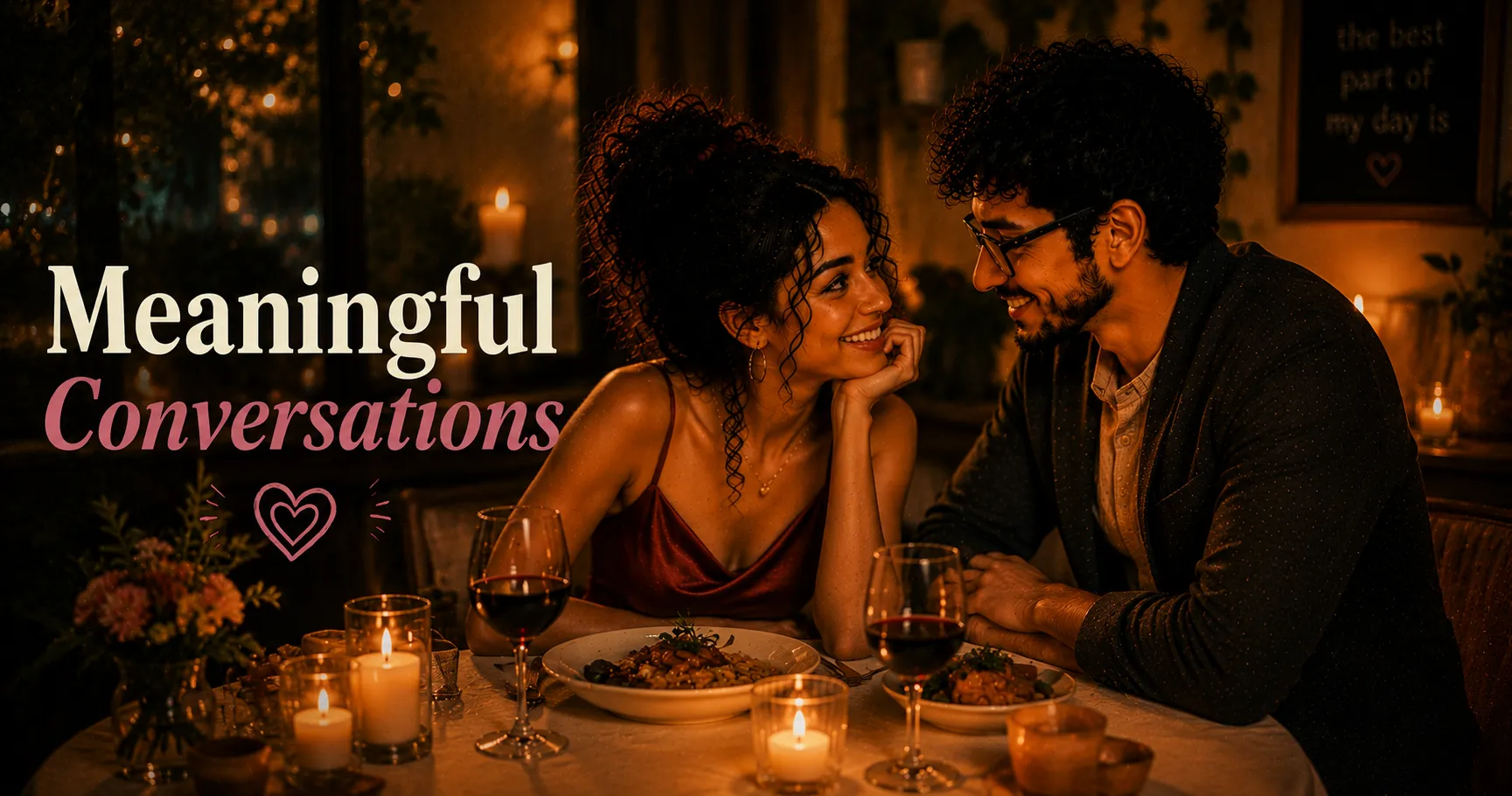 couple smiling warmly at each other across a table with wine and soft lighting