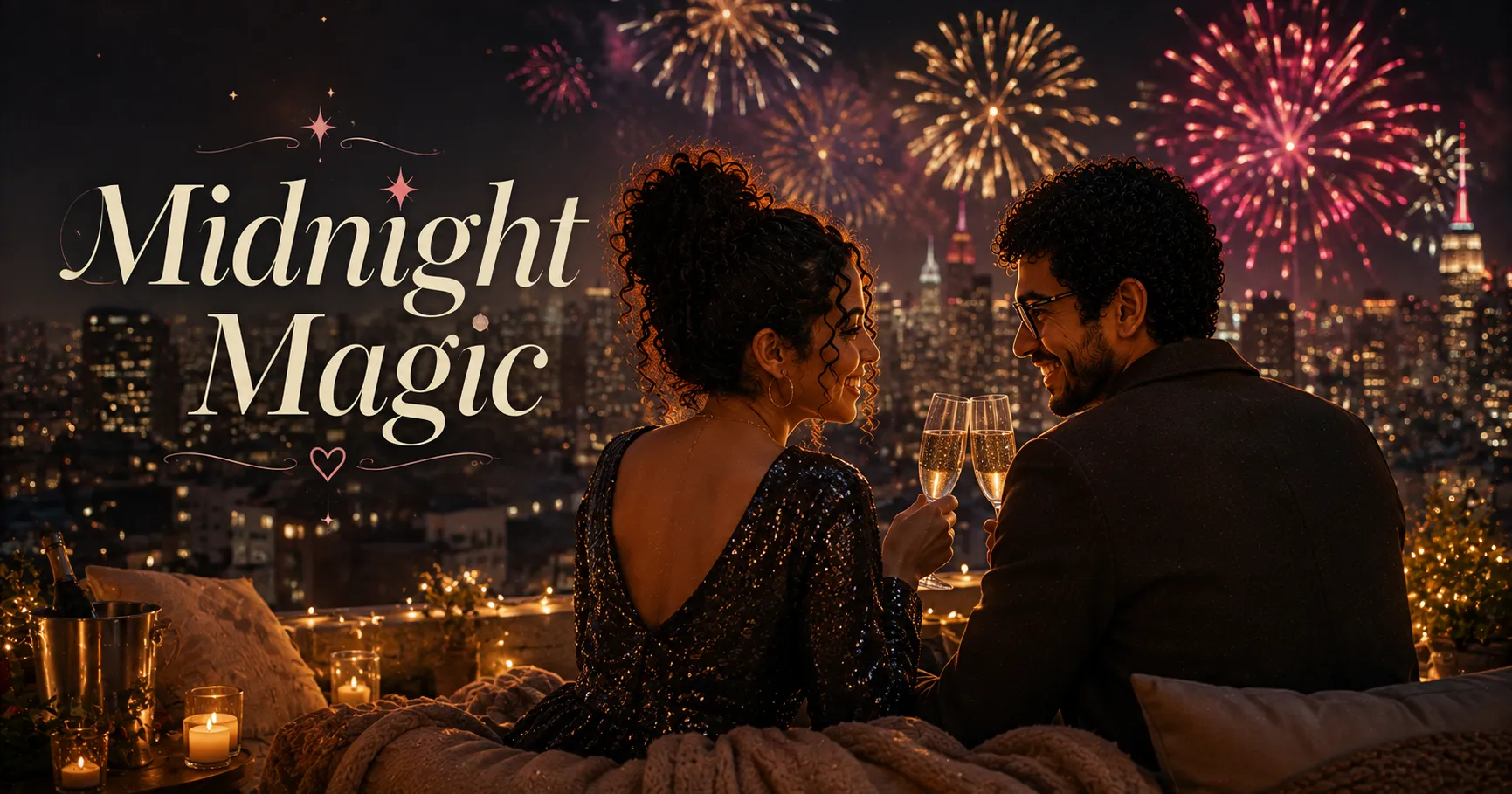 couple on a rooftop watching fireworks at midnight with champagne glasses and city lights below