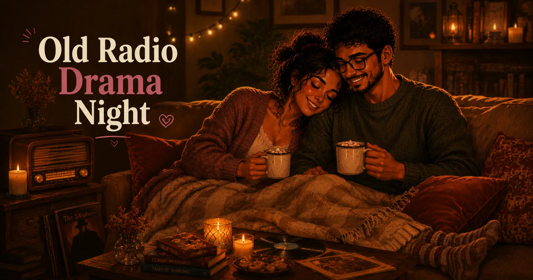 couple sitting together in dimmed light listening to vintage audio in a cosy room