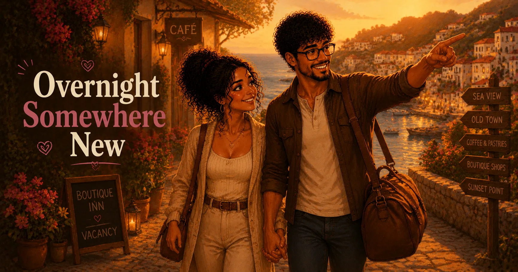 couple happily wandering somewhere new which planned overnight