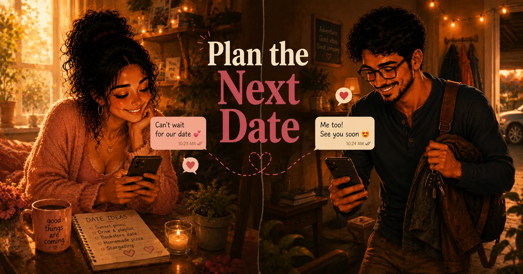 couple looking at their phone screen happily while making plans together