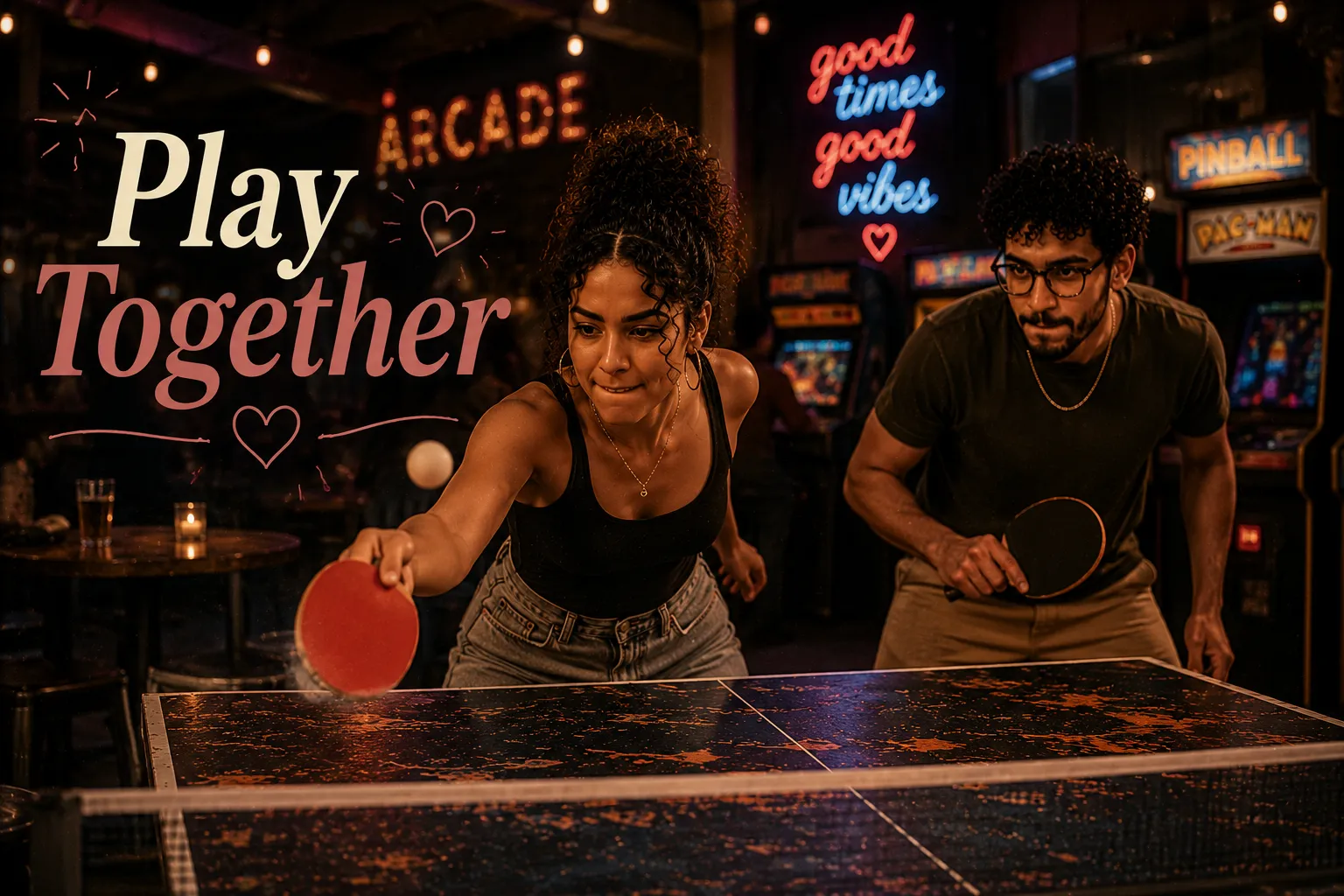 couple playing ping pong at an arcade bar both concentrating intensely