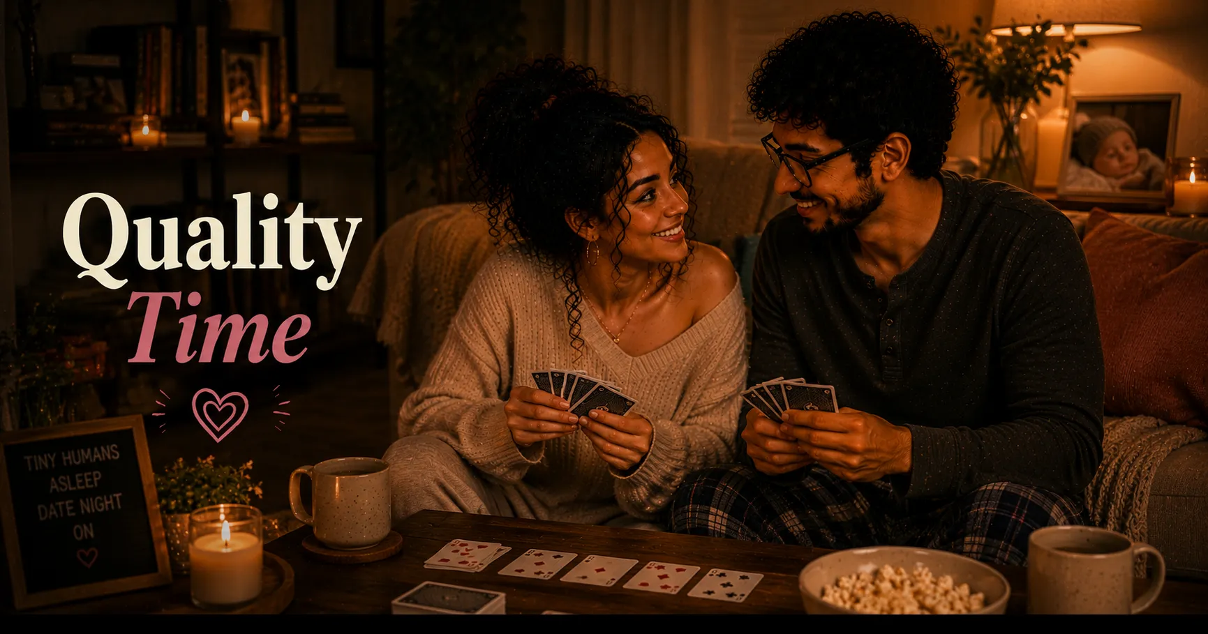 couple playing a card game together at a coffee table with low warm lighting and drinks nearby
