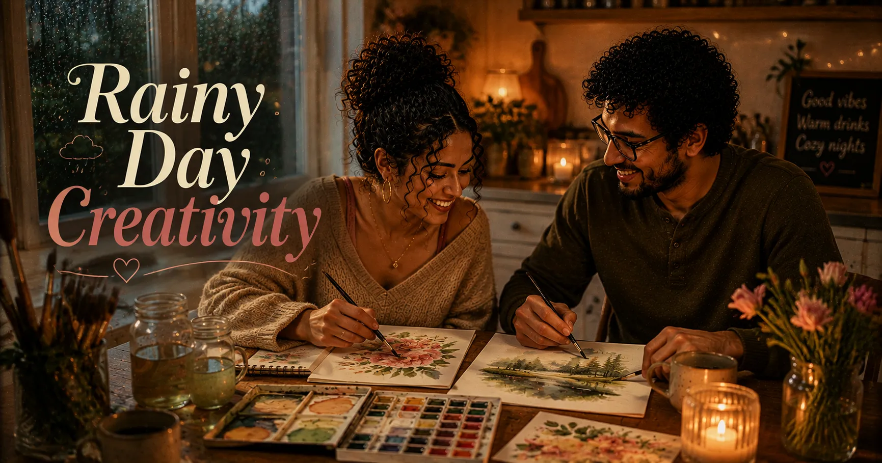 two people doing watercolour painting together at a kitchen table covered in paint and paper
