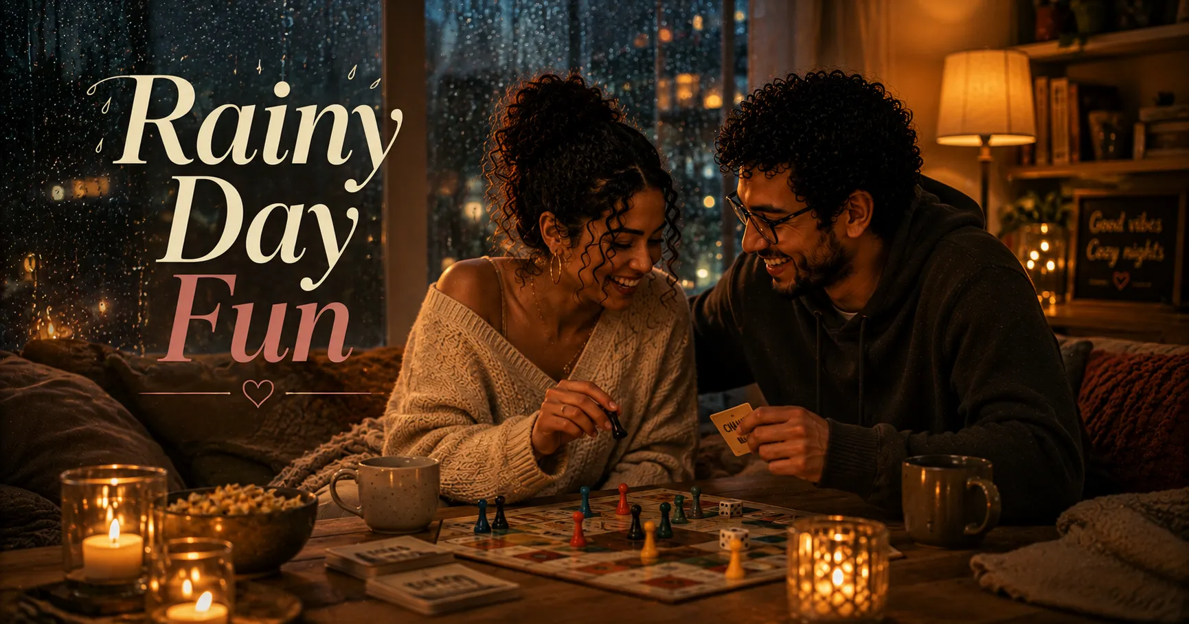 couple laughing while playing a board game at a table with rain visible through the window behind them