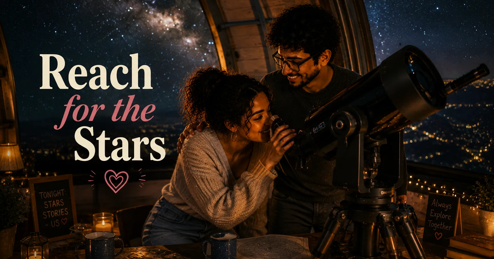 couple at an observatory looking through a large telescope at night with stars visible above