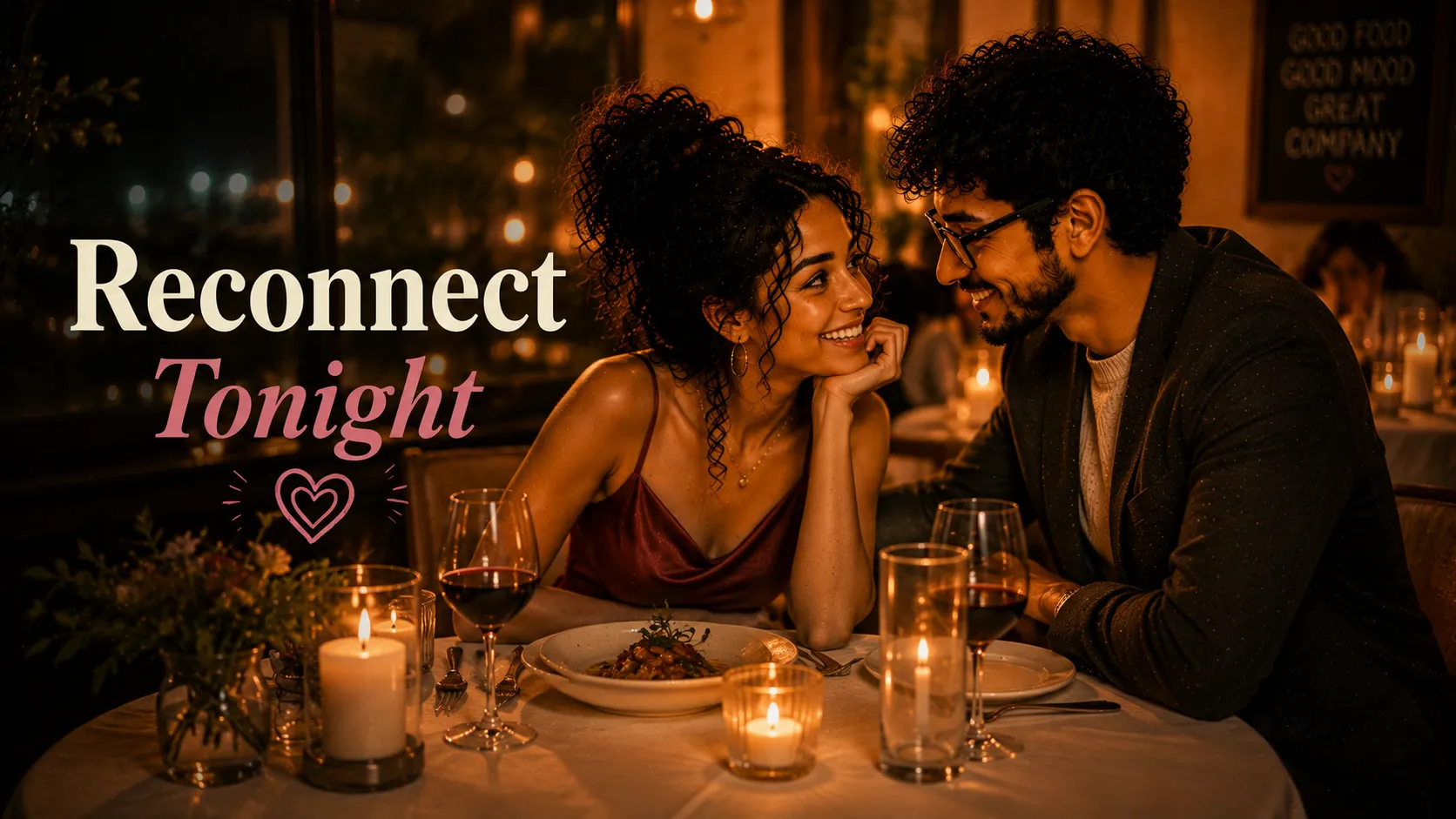 couple sitting across from each other at a candlelit restaurant table looking engaged in conversation