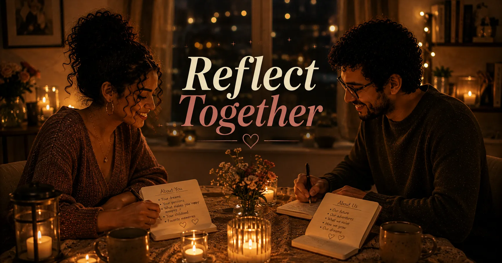 two people writing in journals at a candlelit table across from each other