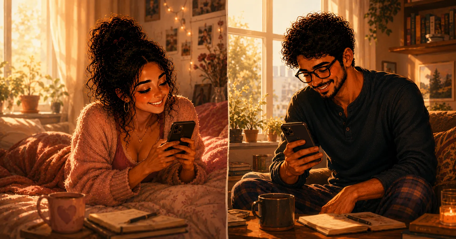 person smiling at a text message on their phone in warm morning light