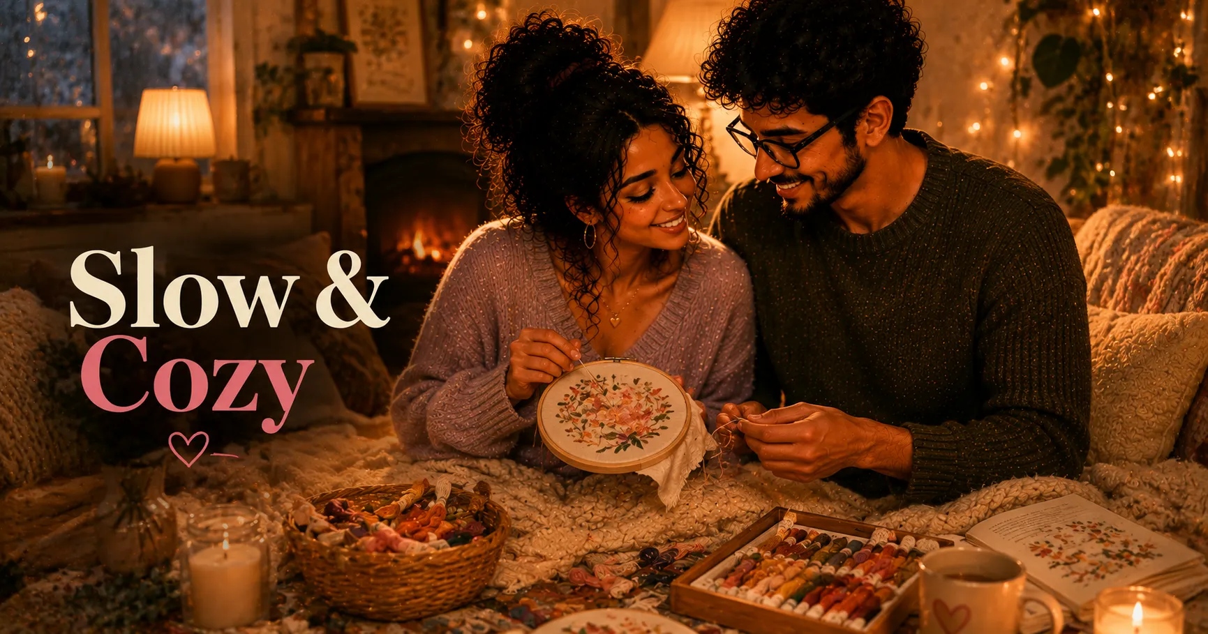embroidery hoop and colourful thread on a cosy blanket by warm light