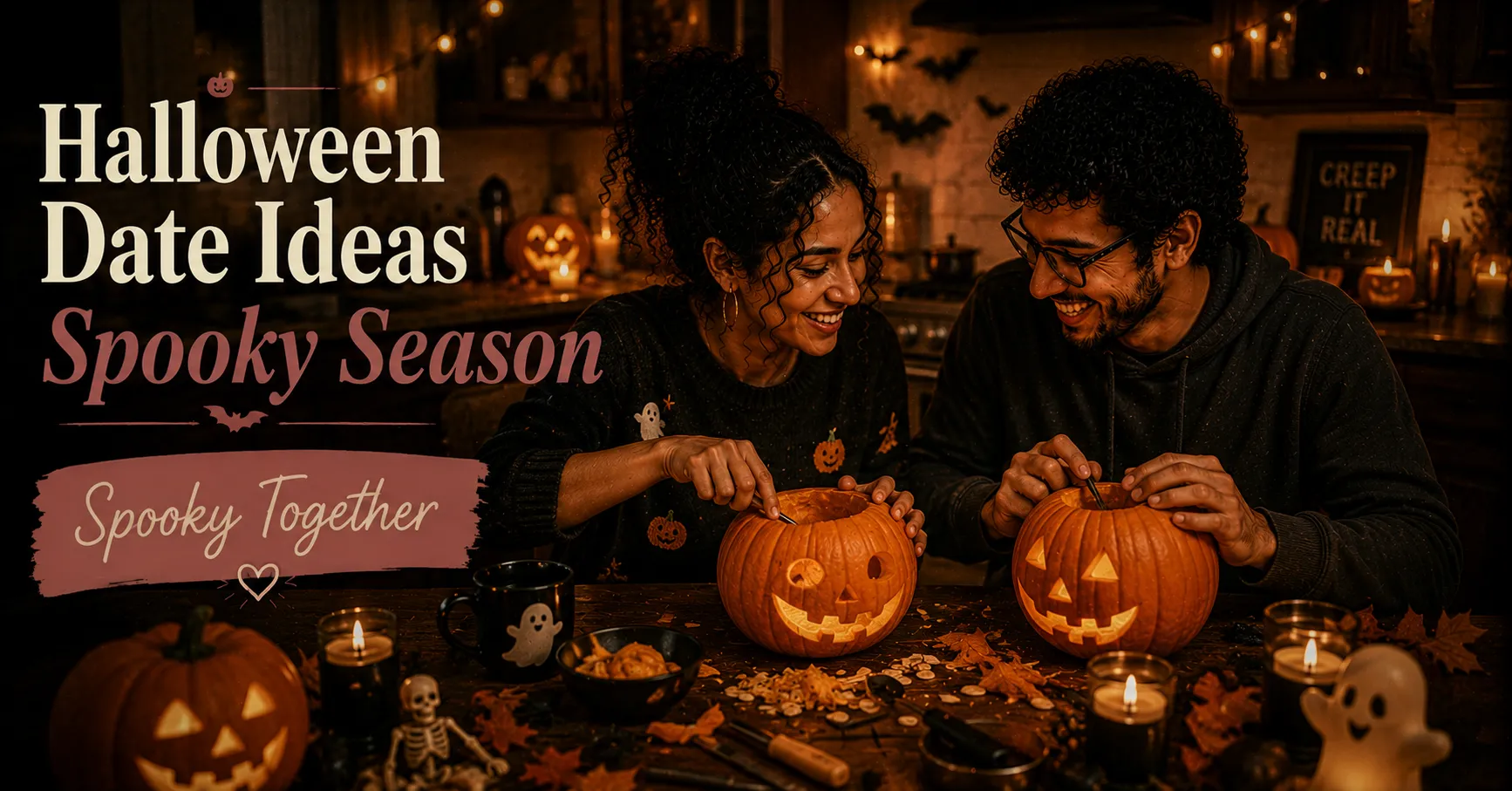 couple carving pumpkins together at a candlelit kitchen table with Halloween decorations