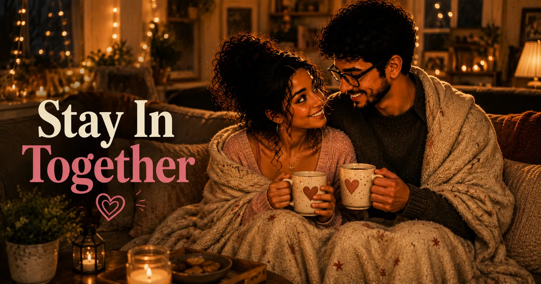 couple wrapped in blankets on a sofa with mugs of tea and fairy lights in a dark cosy room