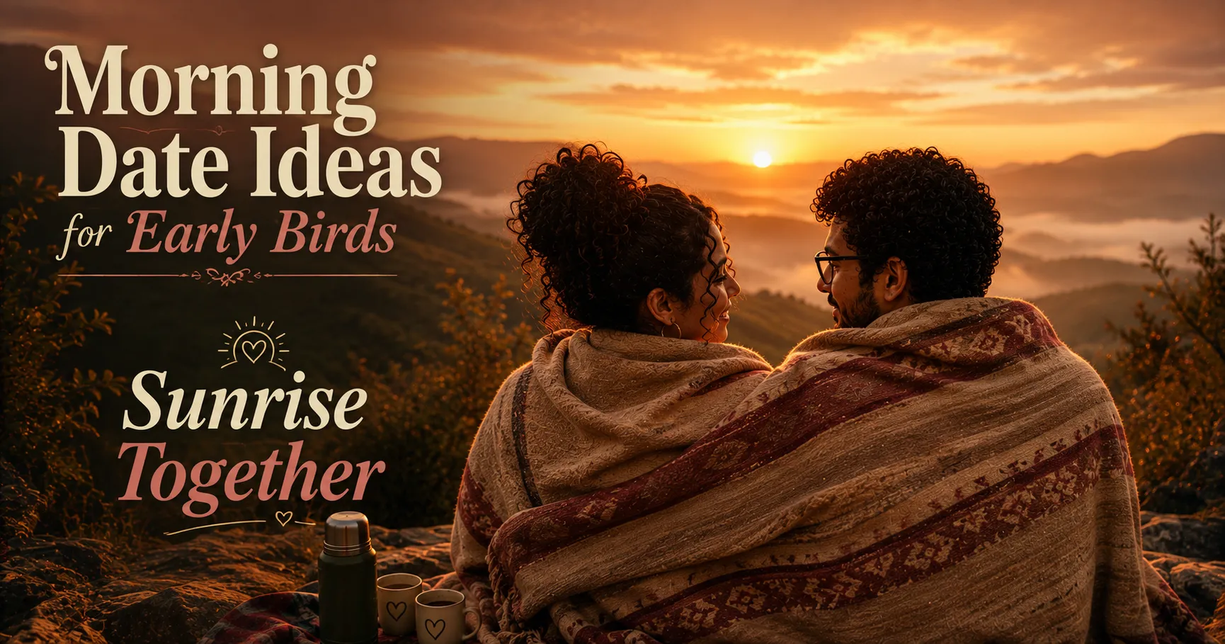 couple watching the sun rise over a hill together wrapped in a blanket with a thermos between them