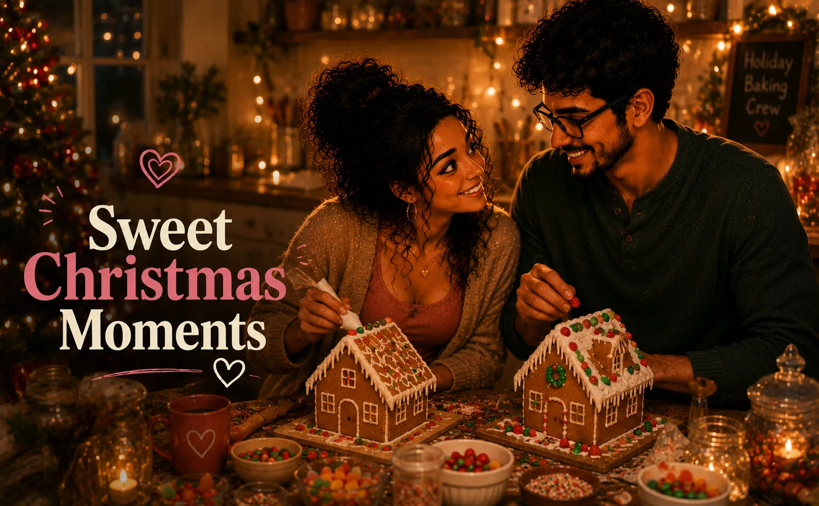two people decorating gingerbread houses at a kitchen table covered in icing and sprinkles