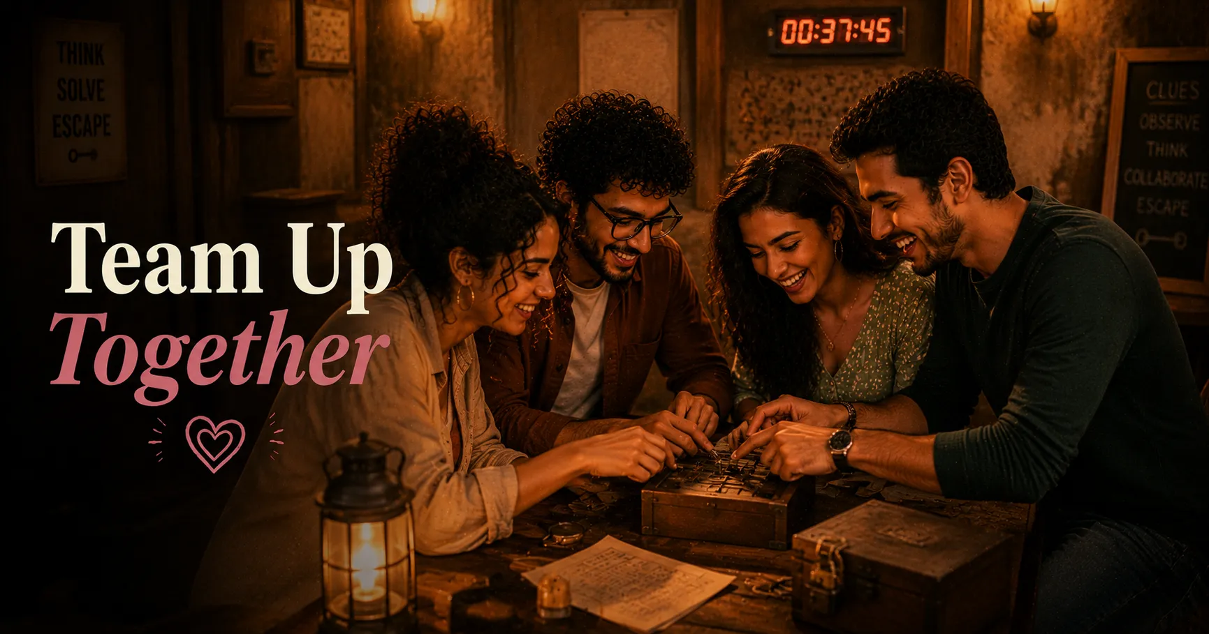 two couples laughing together at an escape room puzzle with props and clues scattered around them