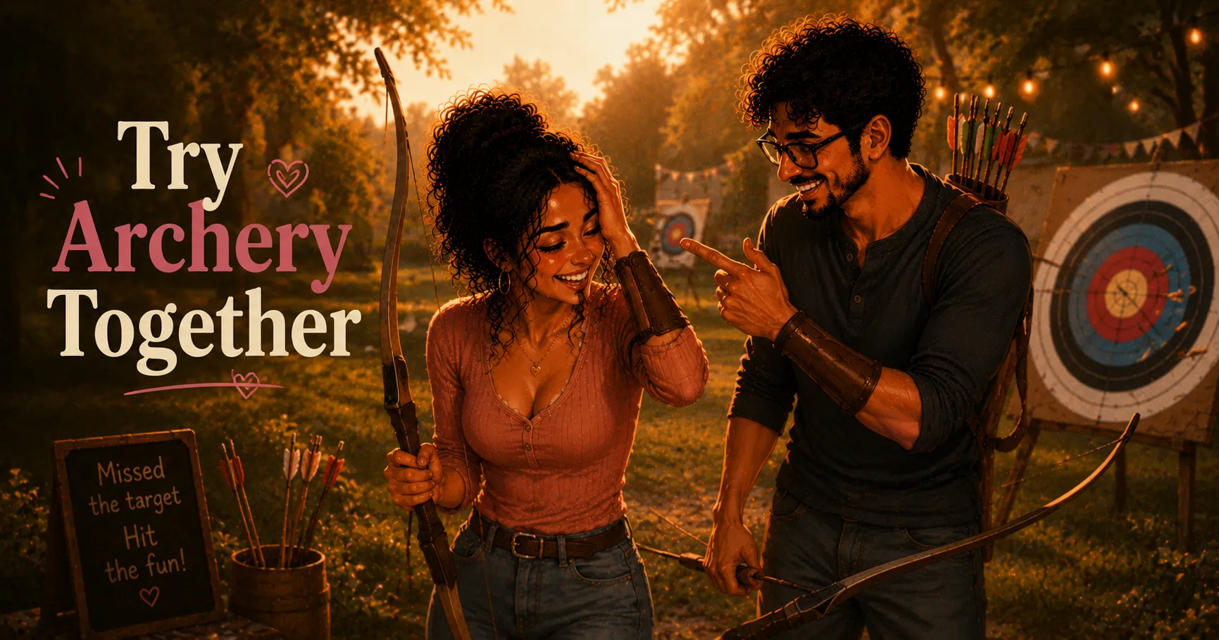 couple doing archery together outdoors laughing at a missed shot
