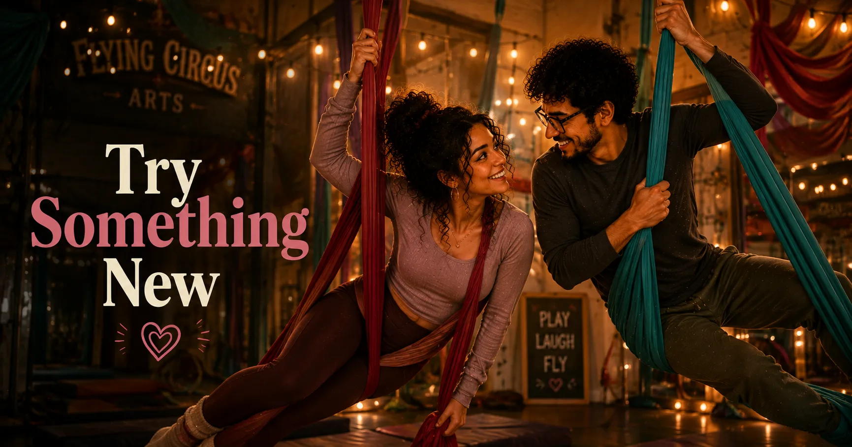 couple at a circus arts class attempting aerial silks together and laughing at the difficulty