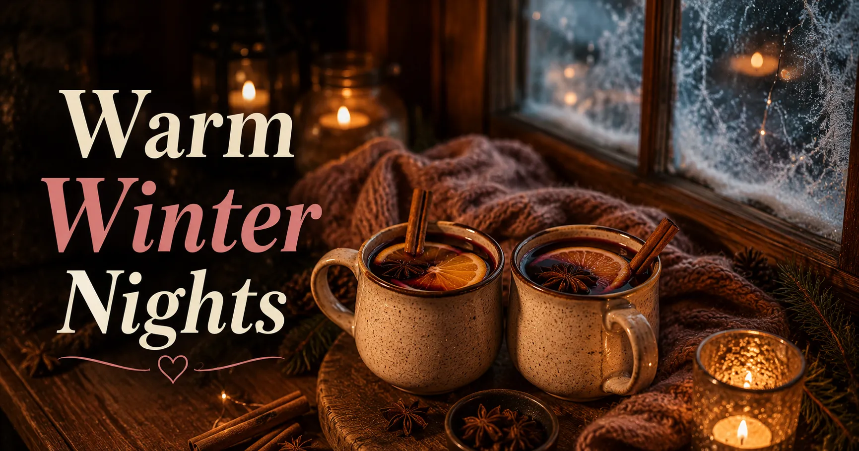 two mugs of mulled wine on a wooden table in a warm candlelit room with frost on the window