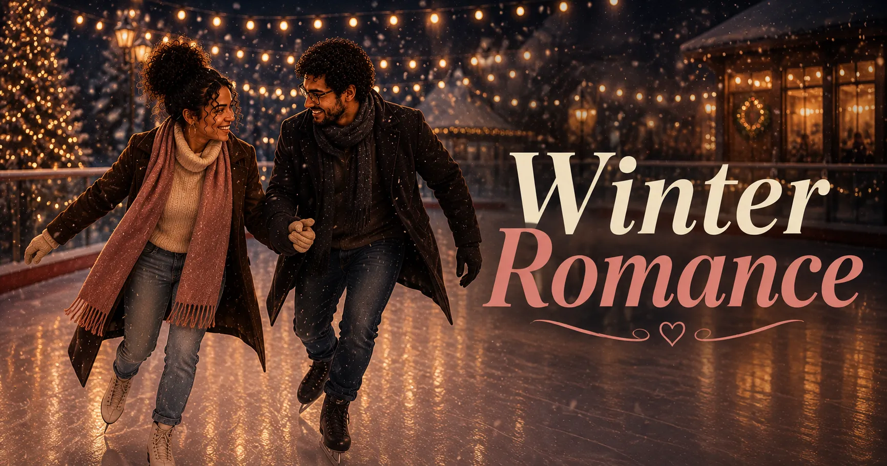 couple ice skating together on an outdoor rink with snow falling and string lights overhead