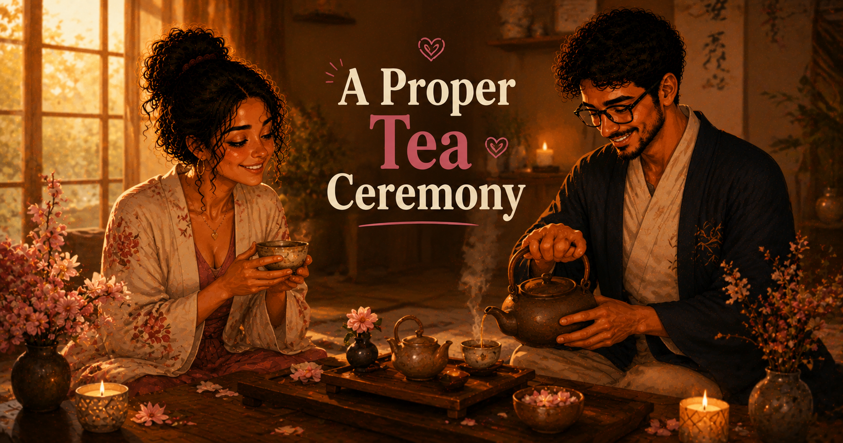 peaceful tea ceremony setup with delicate cups and a teapot on a wooden tray
